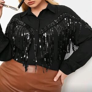 Chic Black Sequin Fringe Women's Blouse